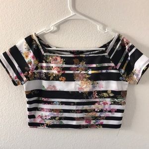 B&W striped floral crop top shirt